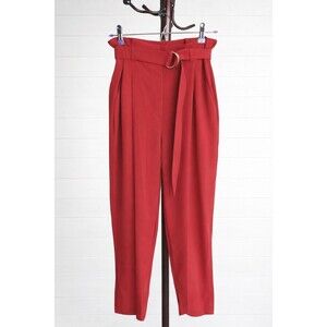 H&M High Waist Belted Pants Women 6 Bright Red Pockets Flowy Tapered Career Chic